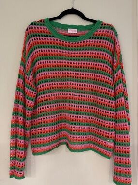 Pink Lily Green, Pink & Coral Open-Knit Striped Sweater